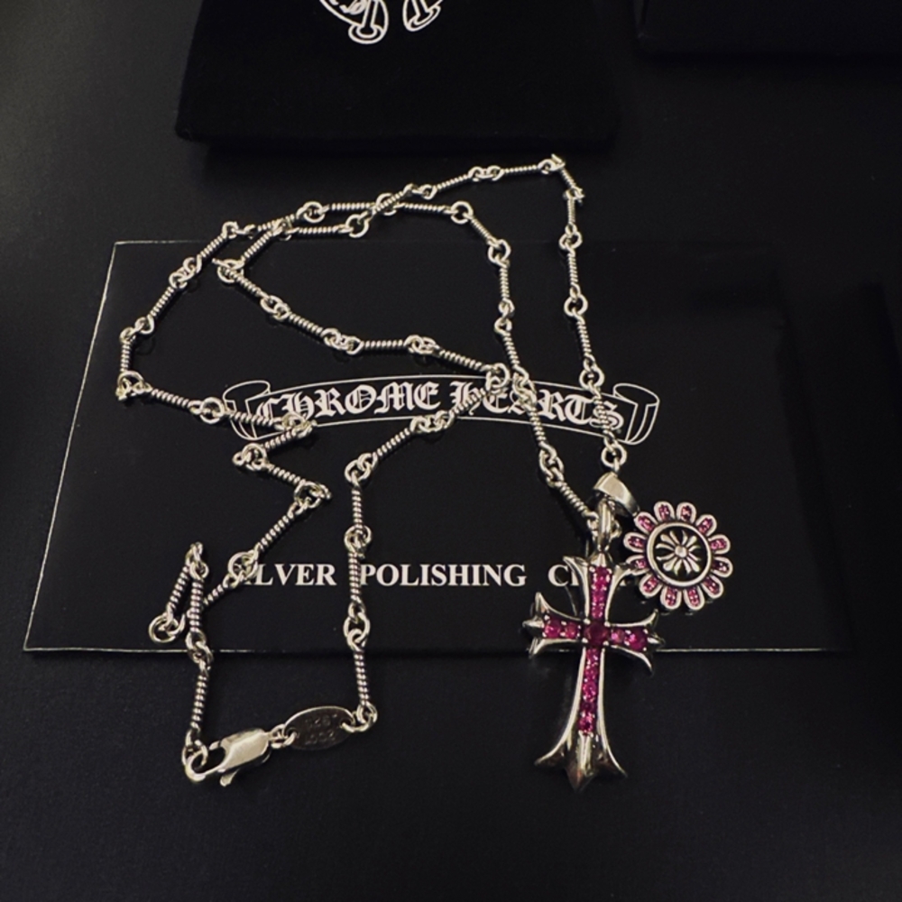 Chrome Hearts Pink Crystal Cross Sunflower Necklace